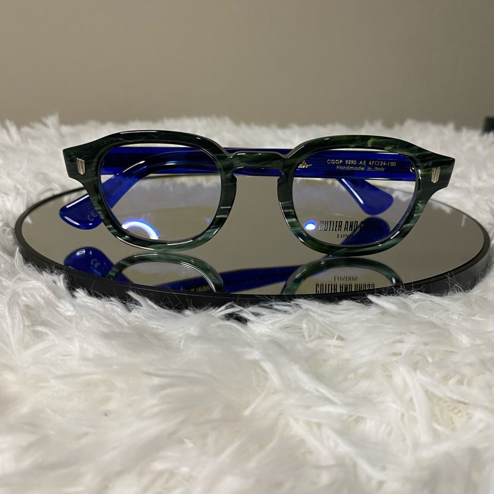 Cutler And Gross Eyeglasses/ Model #: 9290/ Green Marble Frames/ Blue Tinted Leg